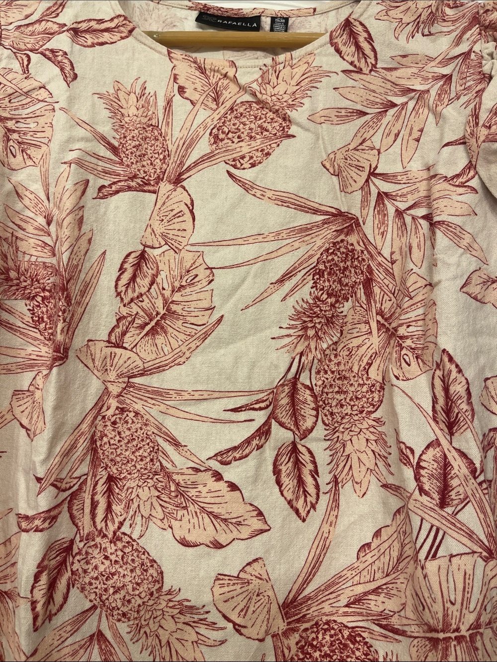 Rafaella Cream Top with Pink Floral Print and Ruffle Sleeves XL linen - Picture 3 of 6